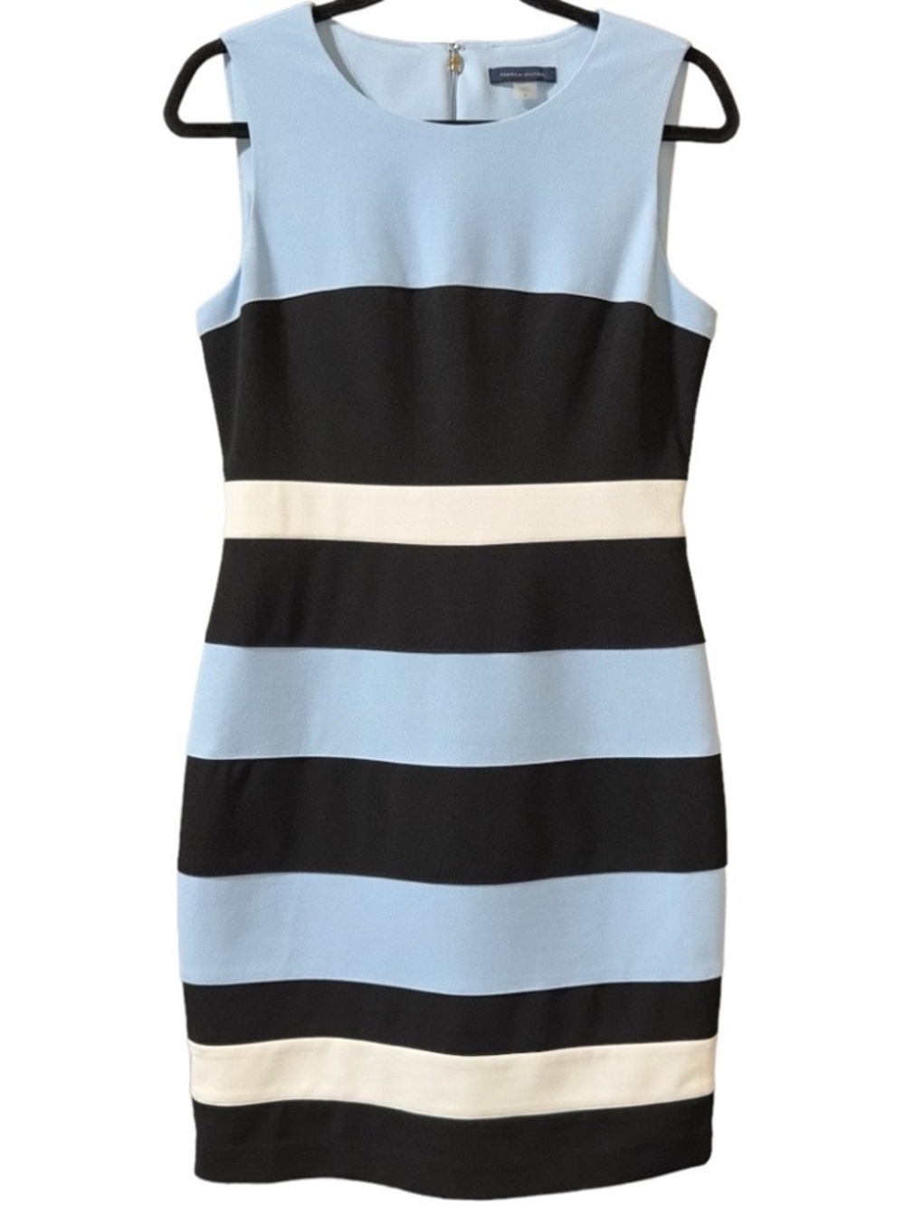 TOMMY HILFIGER Sleeveless Sheath Dress Colorblock Striped Blue Black White